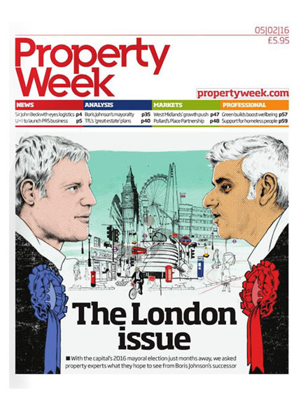 Image of Property Week cover Zac Goldsmith Sadiq Kahn London Mayor Echlin Co Founder Mark O'Callaghan